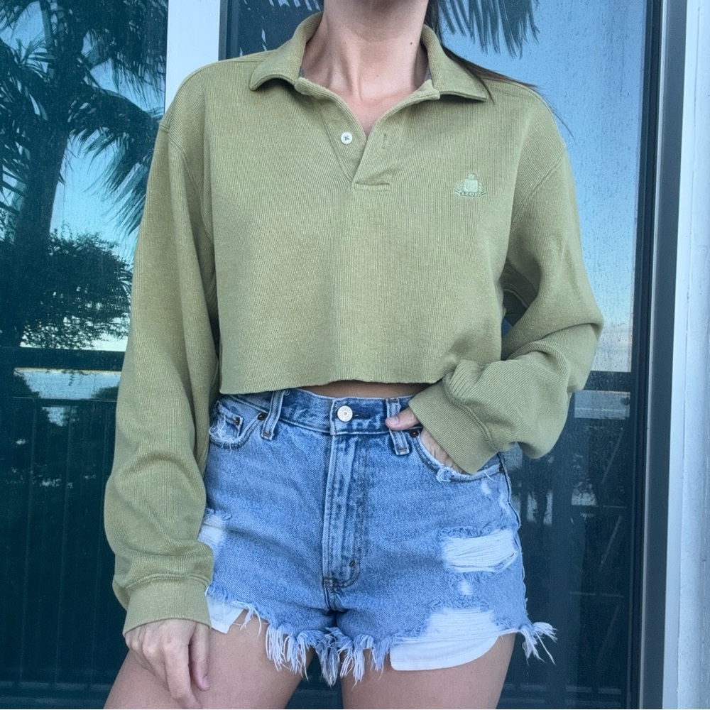 Izod Green Crop Long Sleeve Polo Top M